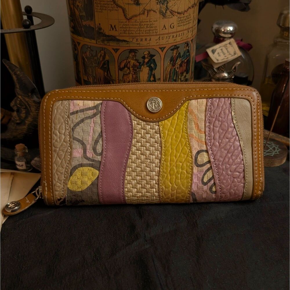Vintage Patchwork Zip Around Clutch Leather Wallet Abstract Pattern